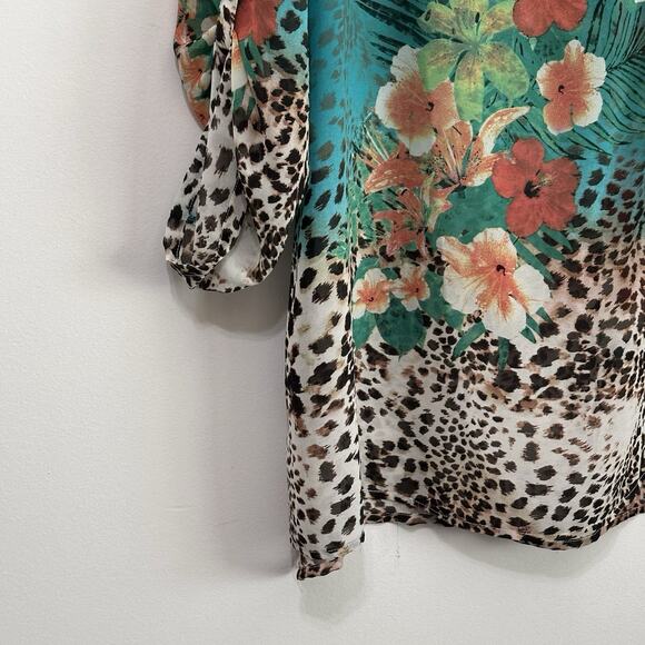 Soft Surroundings Animal Tropical Print Chiffon Blouse XL Semi Sheer‎ Roll Tab - Picture 4 of 12